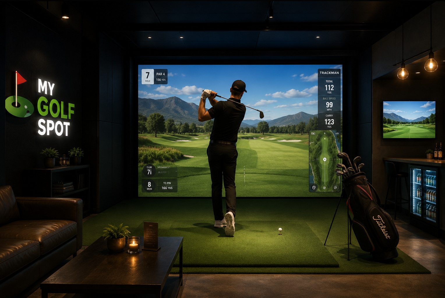 Golfer playing in a premium indoor simulator bay